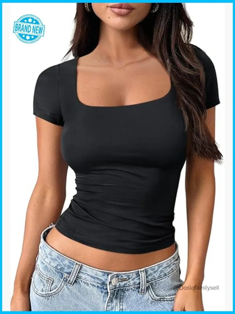Double Lined Short Sleeve Crop Top Square Neck Slim Fit Tee Y2K Top